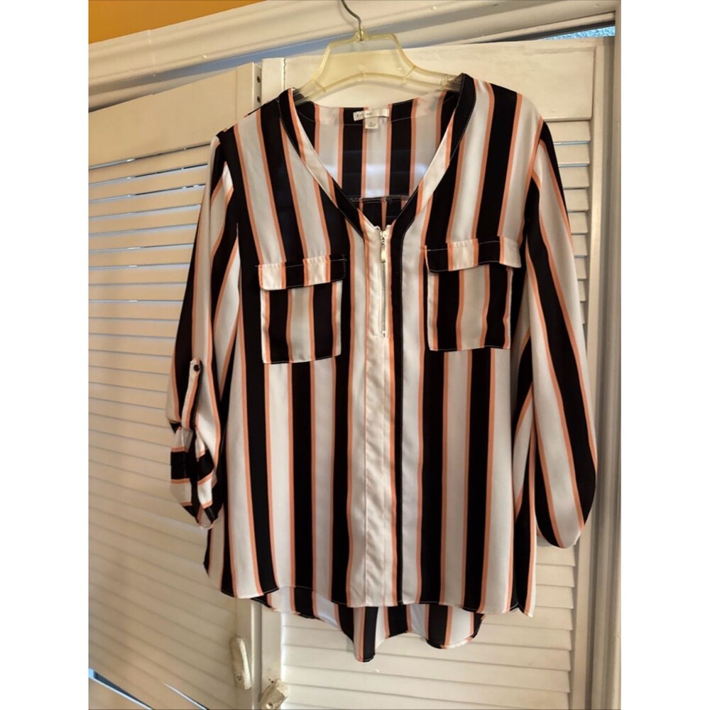 Striped Zip-Front Blouse with White & Peach stripes